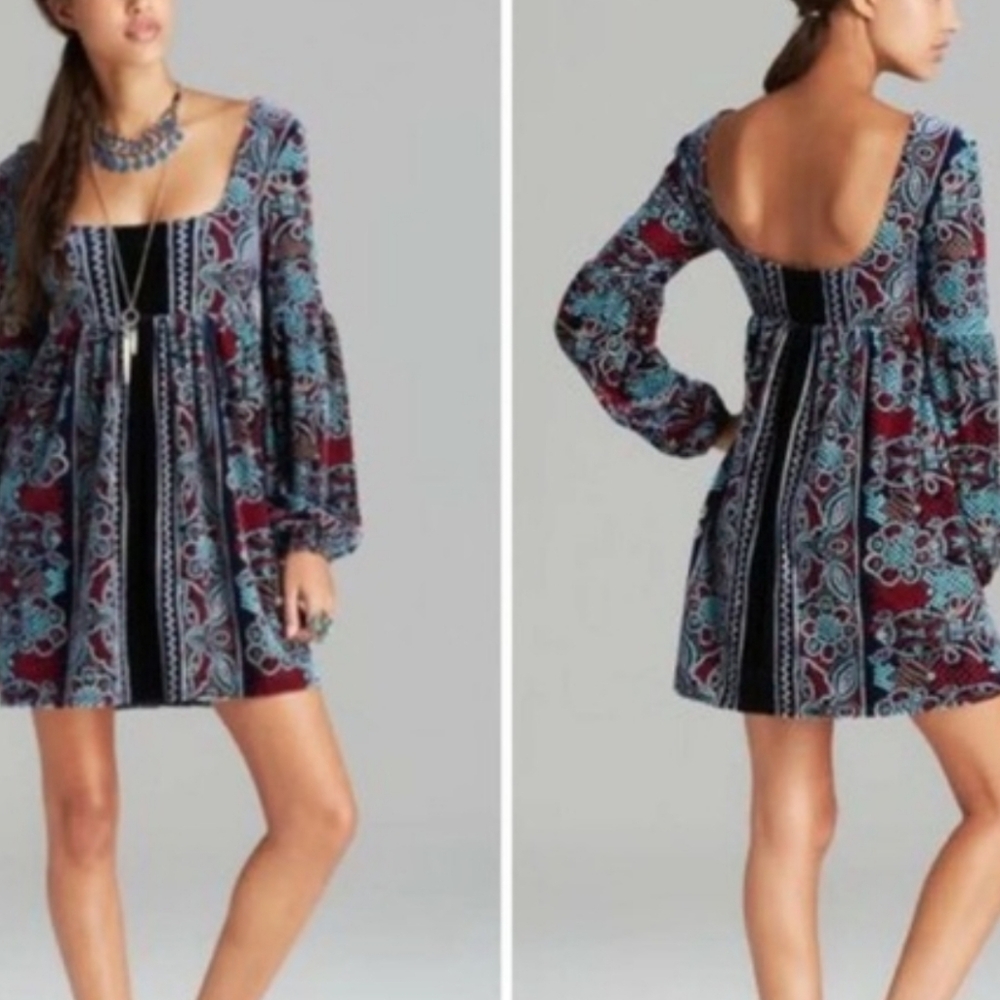 FREE PEOPLE OH SO EASY VELVET BABYDOLL DRESS IN BLUE COMBO Womens Size Small - Picture 2 of 13